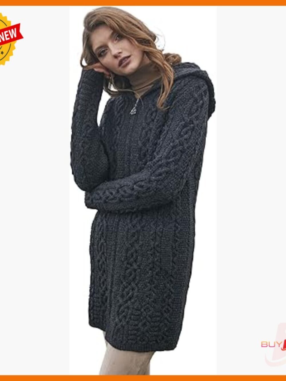Merino Wool Hooded Cardigan with Pockets, Celtic Zipper, Relaxed Fit